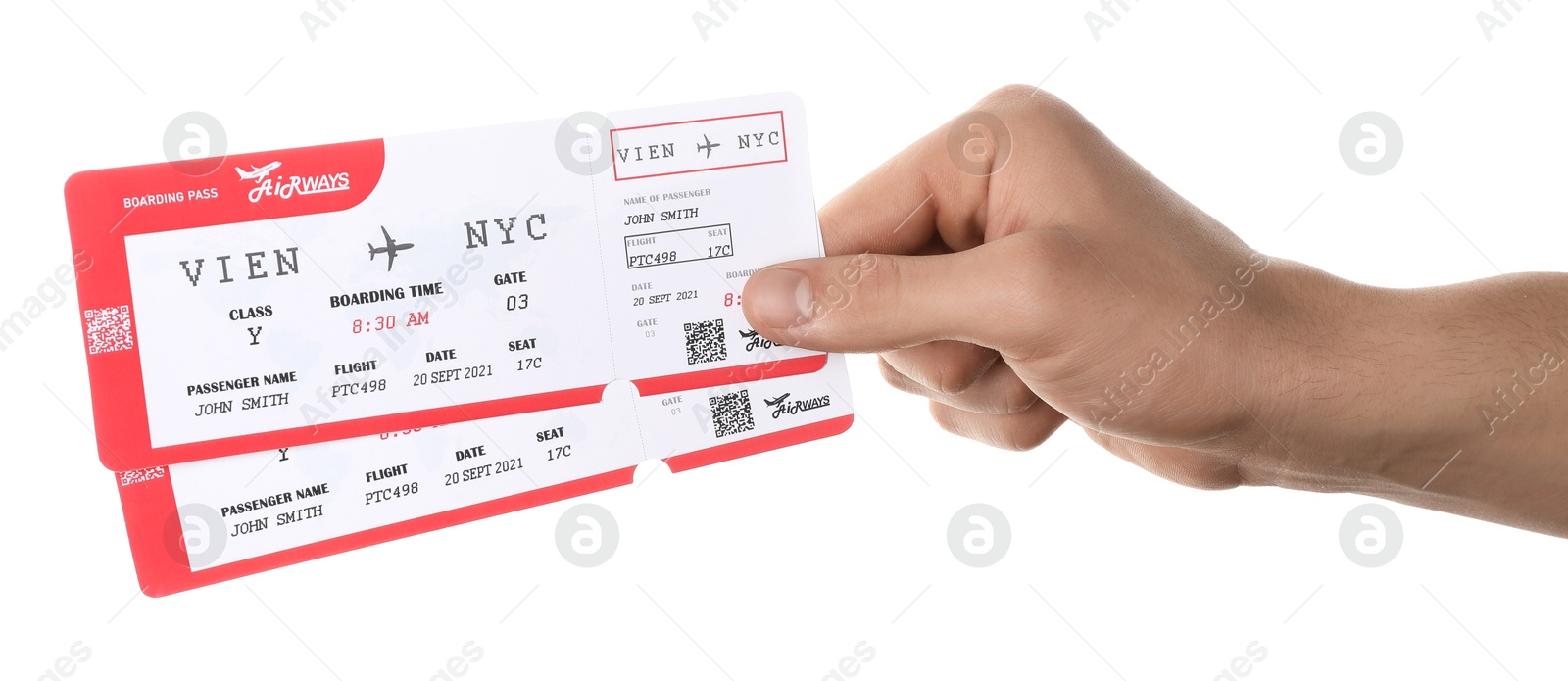 Photo of Travel agency. Man holding flight tickets on white background, closeup