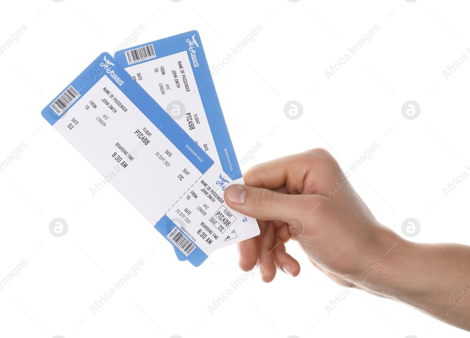 Photo of Travel agency. Man holding flight tickets on white background, closeup