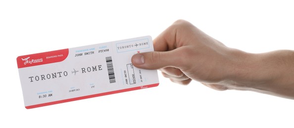 Photo of Travel agency. Man holding flight ticket on white background, closeup