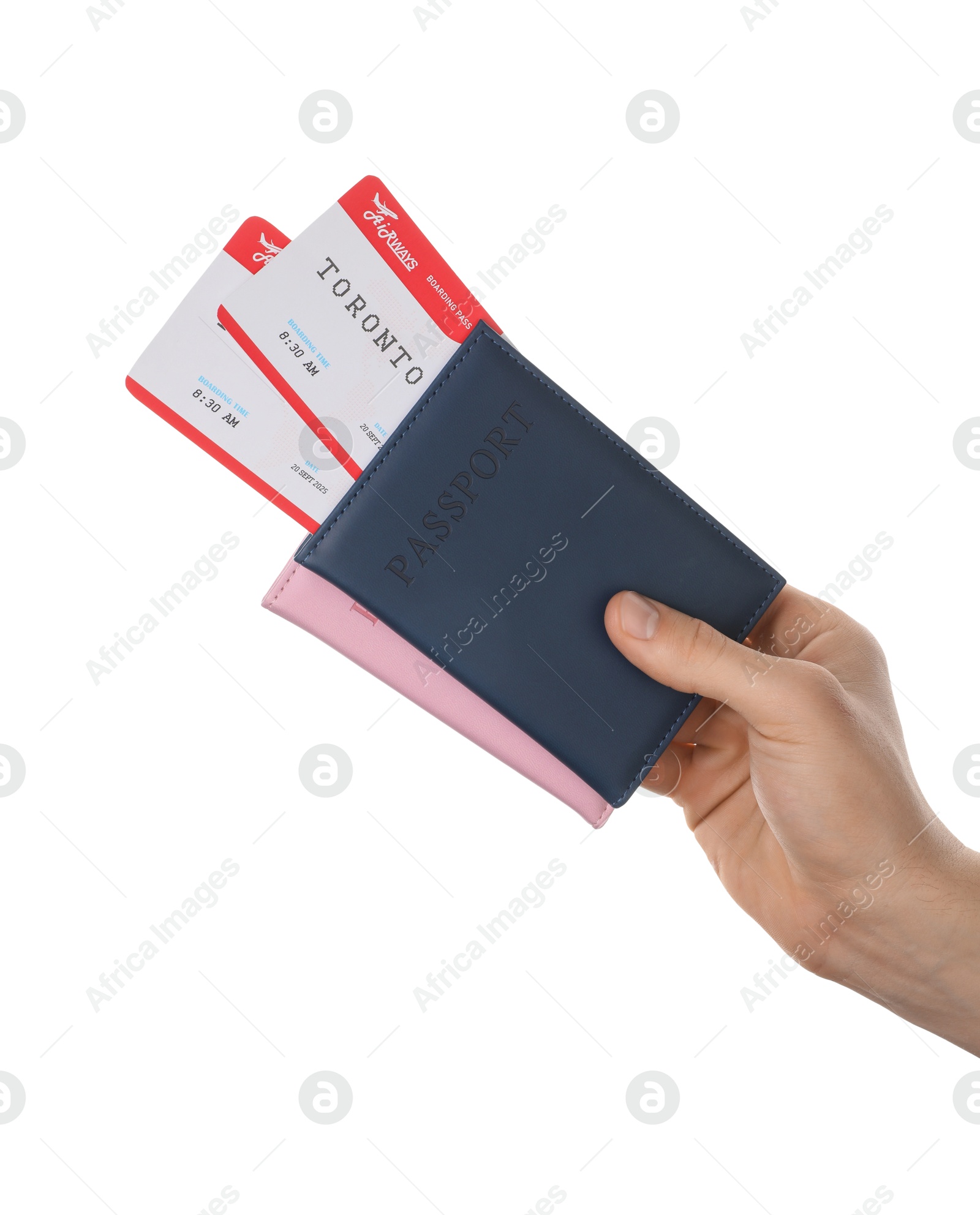 Photo of Travel agency. Man holding passports with flight tickets on white background, closeup