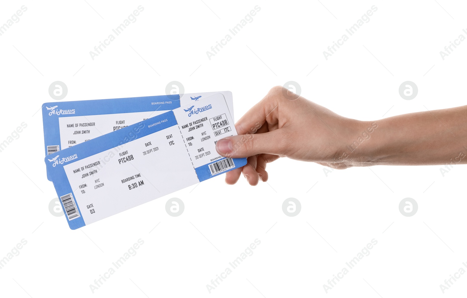 Photo of Travel agency. Woman holding flight tickets on white background, closeup