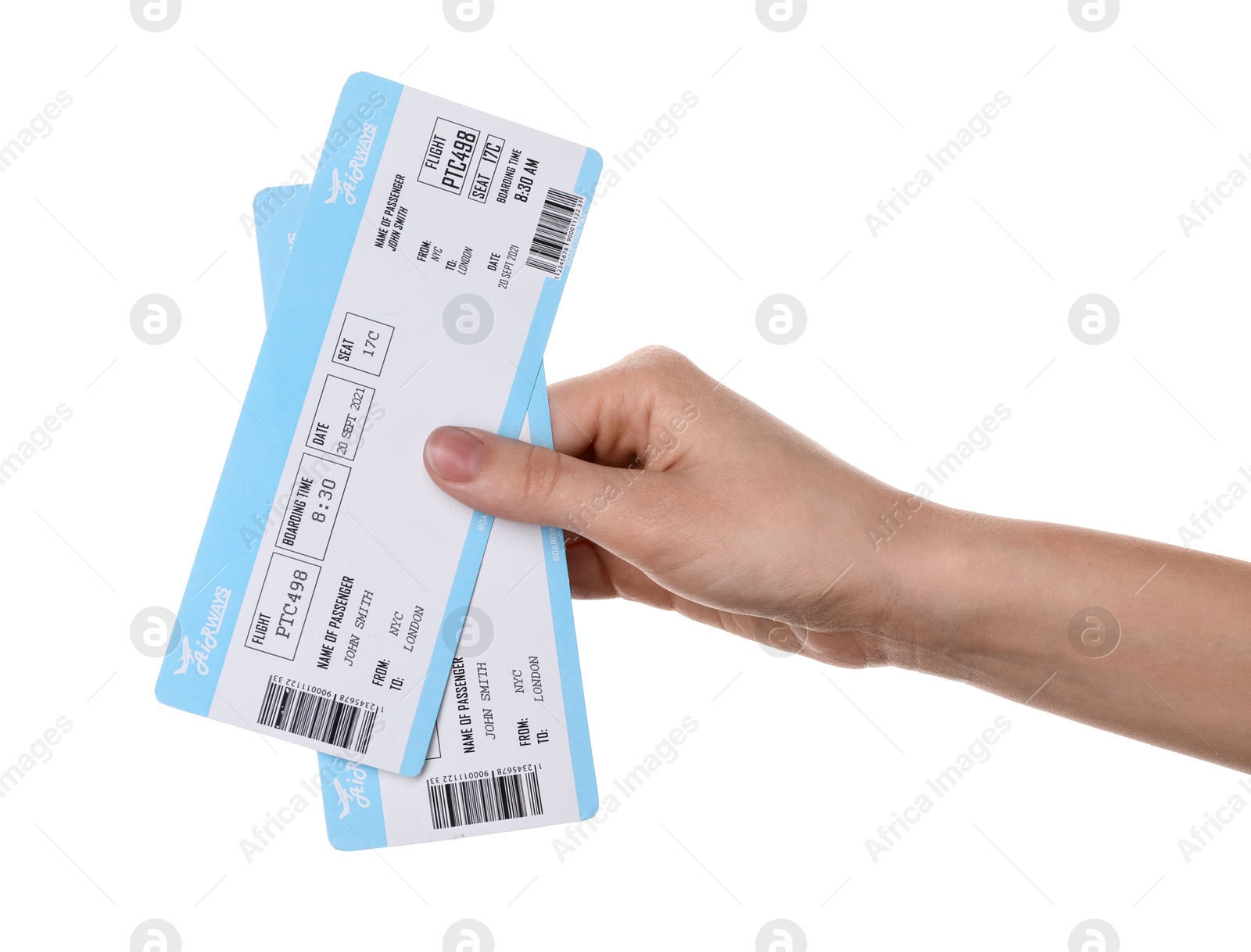 Photo of Travel agency. Woman holding flight tickets on white background, closeup