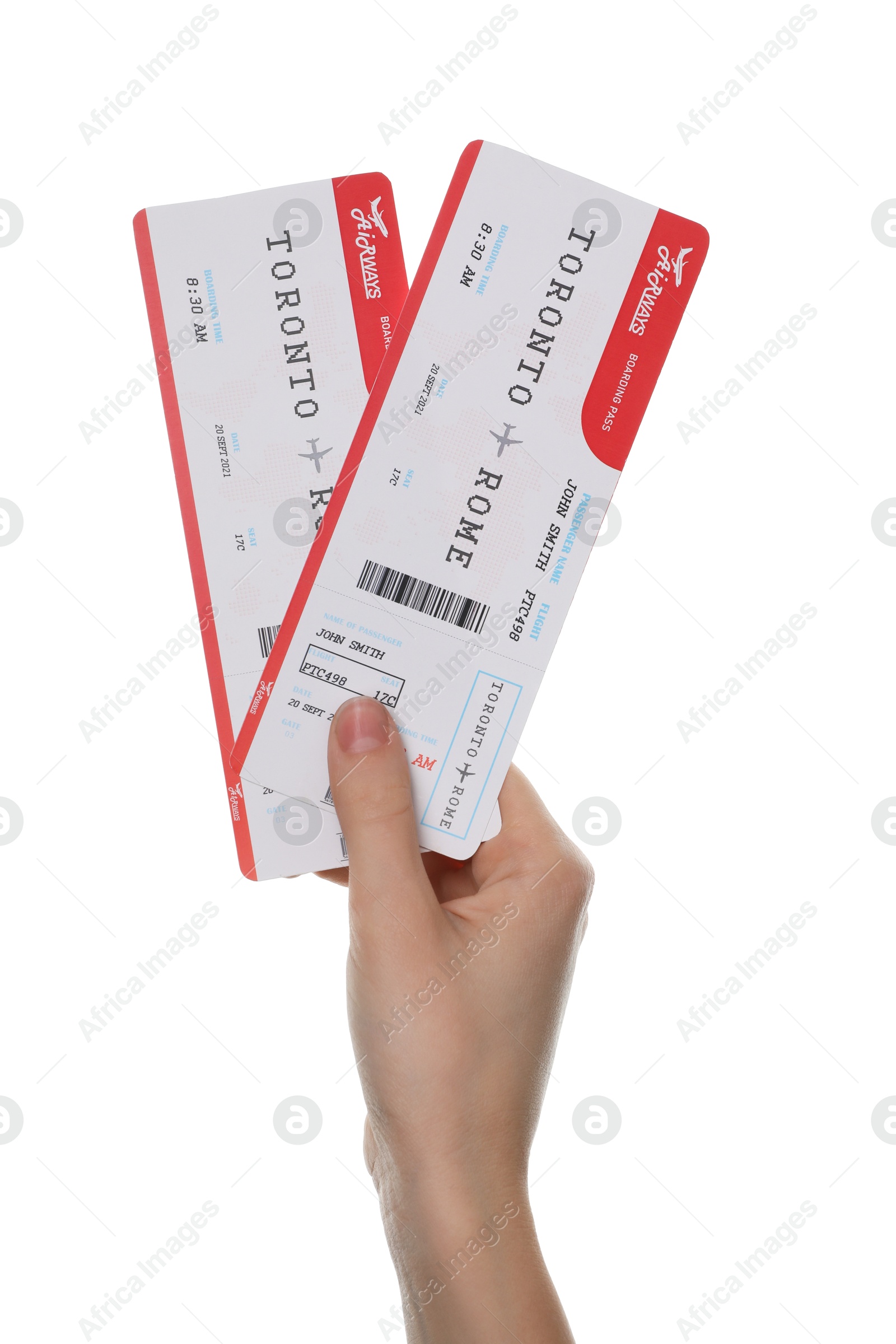 Photo of Travel agency. Woman holding flight tickets on white background, closeup