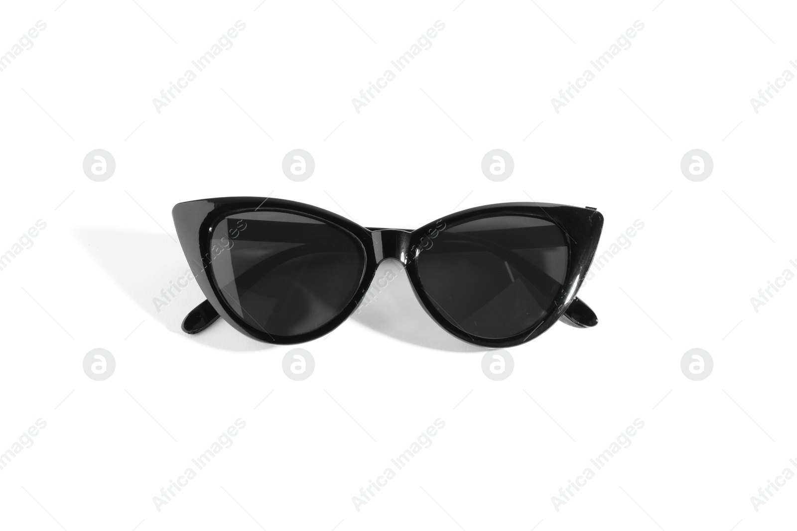 Photo of Stylish sunglasses with black frame on white background