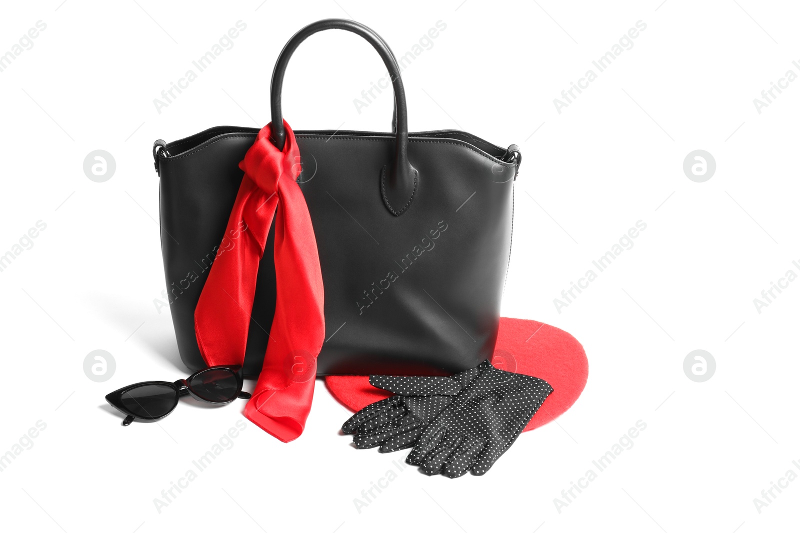 Photo of Stylish bag and other accessories on white background