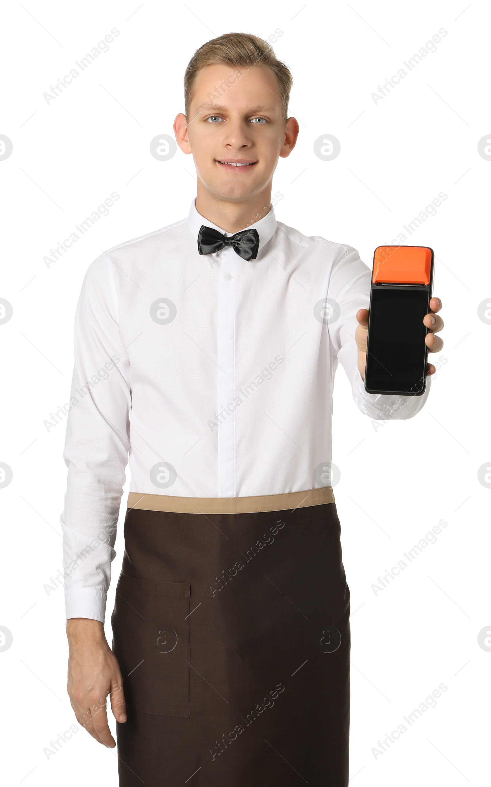 Photo of Happy waiter with payment terminal on white background