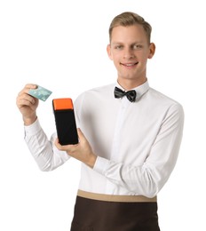 Photo of Happy waiter with payment terminal and debit card on white background