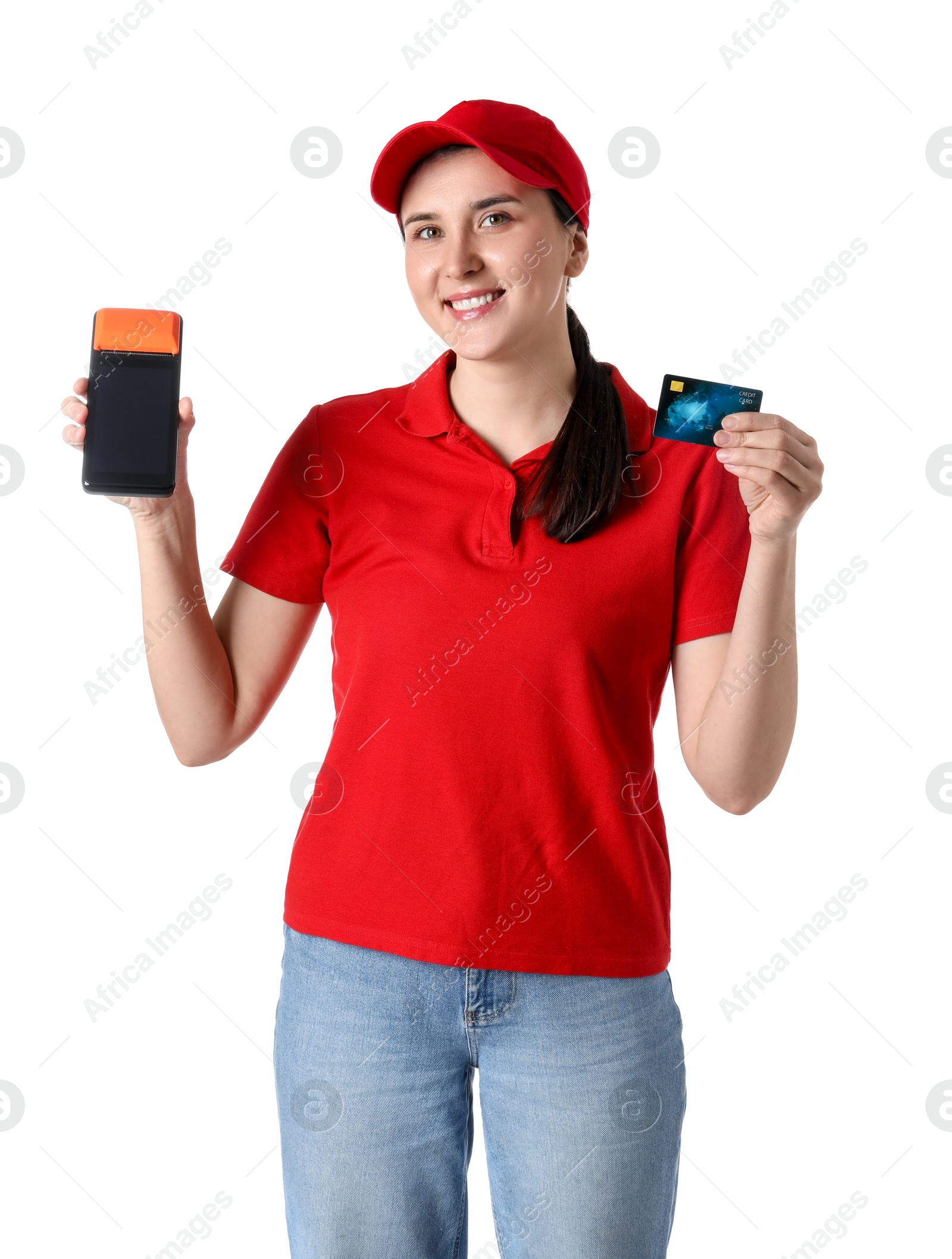 Photo of Happy courier with payment terminal and debit card on white background