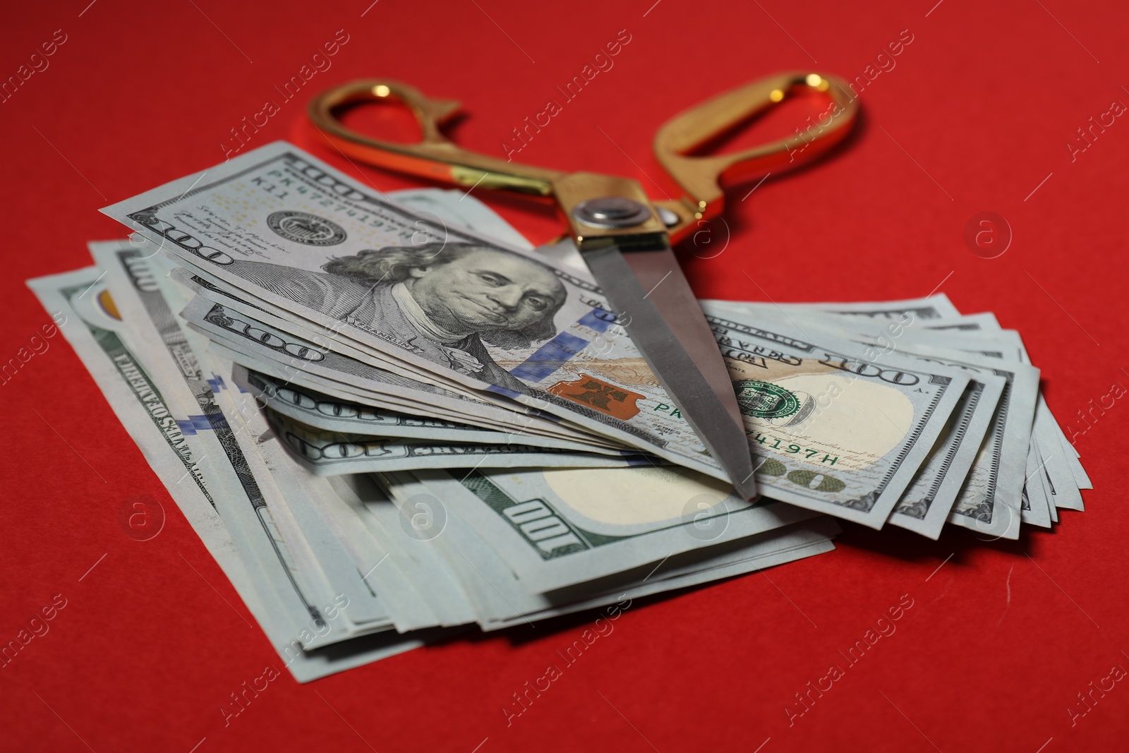 Photo of Dollar banknotes and scissors on red background, closeup