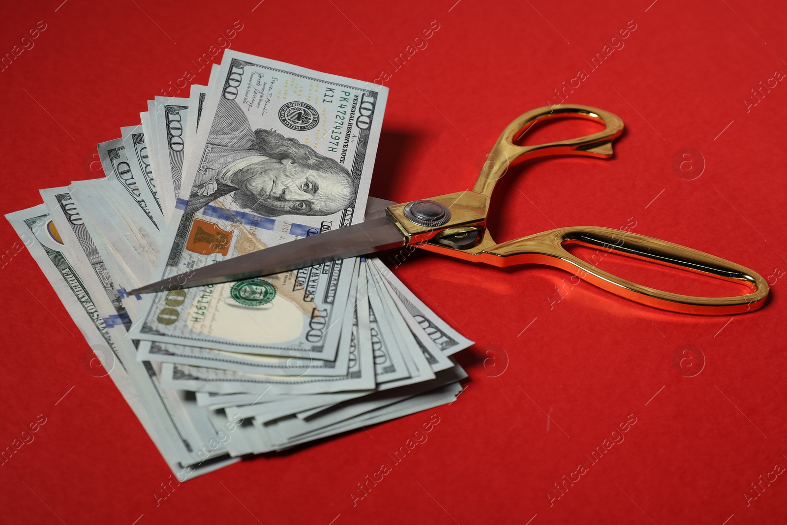 Photo of Dollar banknotes and scissors on red background