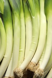 Photo of Fresh green leeks on light grey table, top view