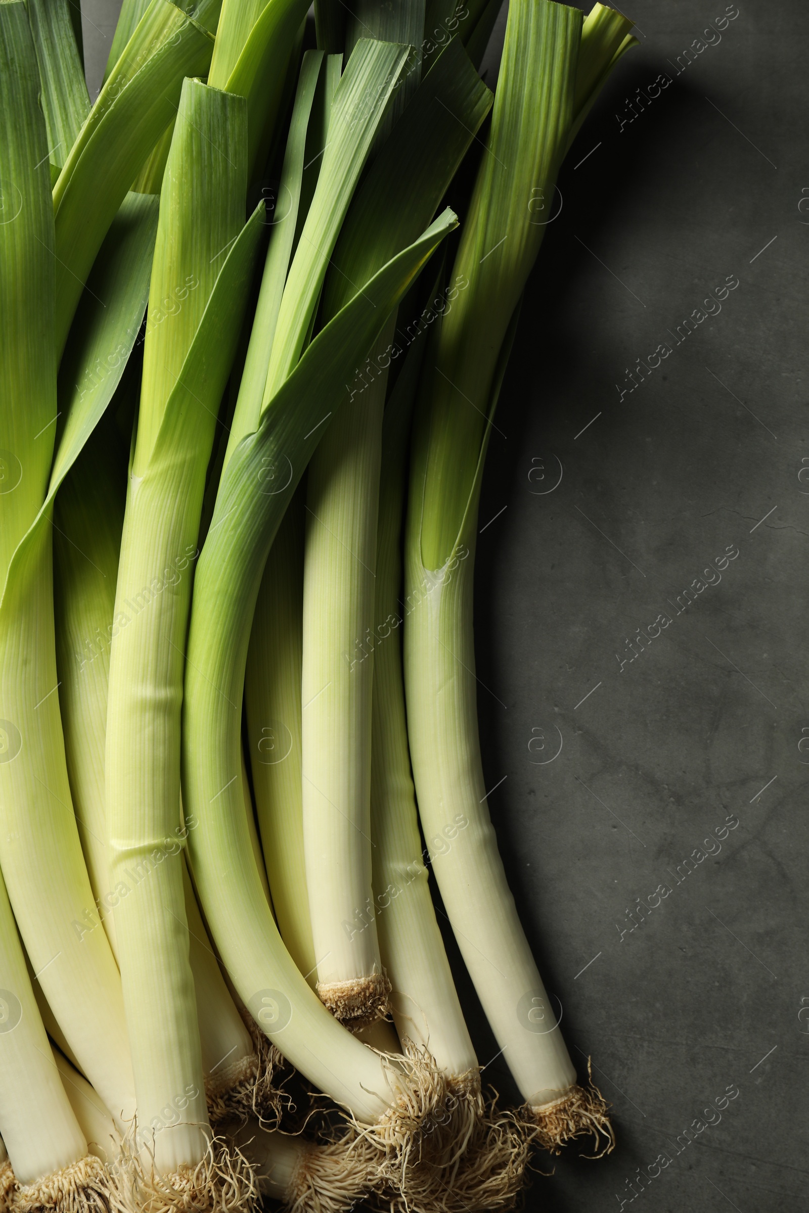 Photo of Fresh green leeks on grey table, top view