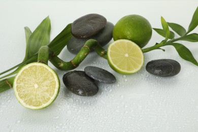 Photo of Spa composition with limes, massage stones and bamboo stem on wet surface