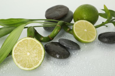 Photo of Spa composition with limes, massage stones and bamboo stem on wet surface, closeup