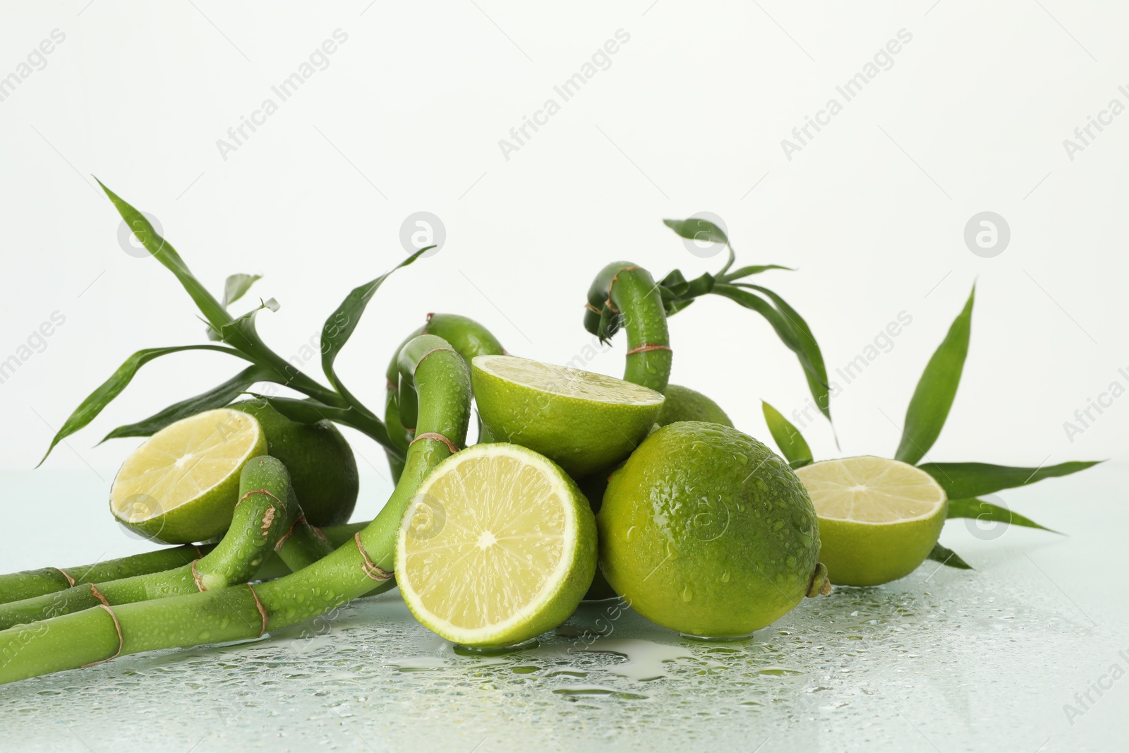 Fresh limes and bamboo stems on wet surface against white background Photo of Fresh limes and bamboo stems on wet surface against white background