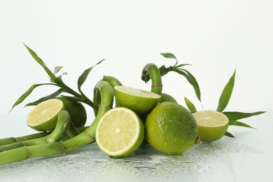 Photo of Fresh limes and bamboo stems on wet surface against white background