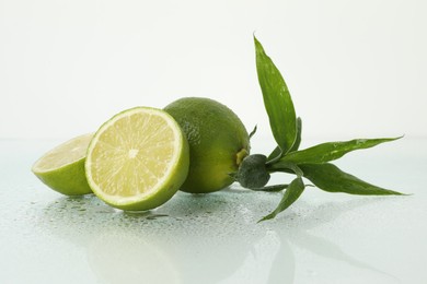 Photo of Fresh limes and bamboo leaves on wet surface against white background