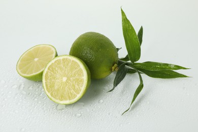 Photo of Fresh limes and bamboo leaves on wet surface against white background