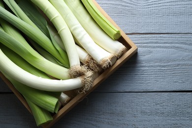 Photo of Fresh leeks in crate on grey wooden table, top view. Space for text