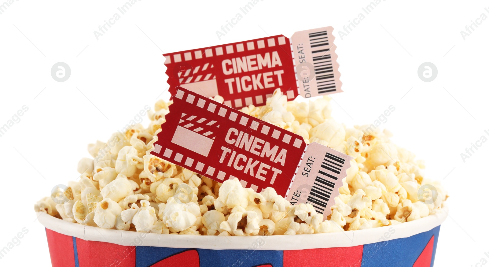 Photo of Tasty popcorn and movie tickets isolated on white