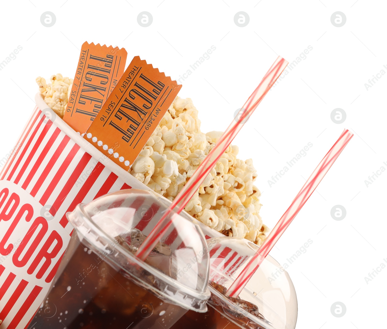 Photo of Tasty popcorn, drinks and movie tickets isolated on white