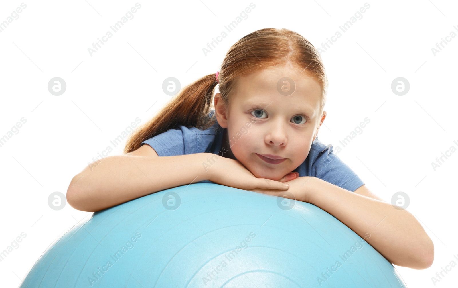 Photo of Cute little girl with fitness ball on white background