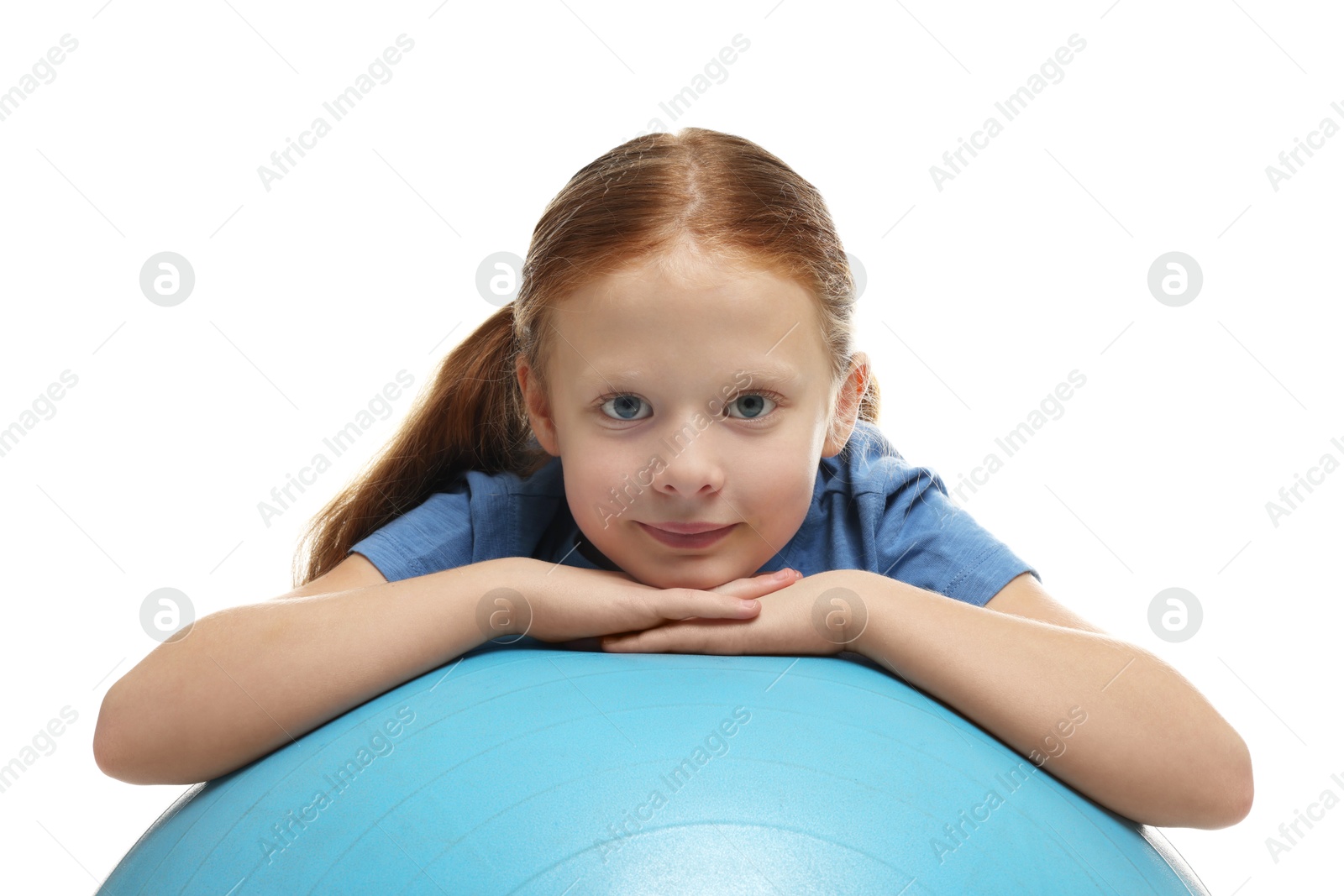 Photo of Cute little girl with fitness ball on white background