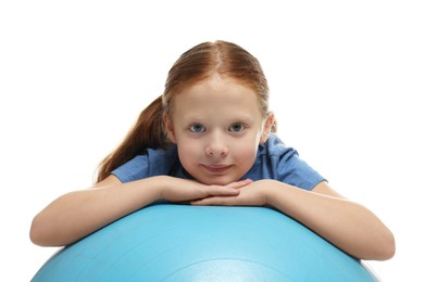 Photo of Cute little girl with fitness ball on white background