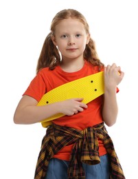 Photo of Stylish little girl with penny board on white background