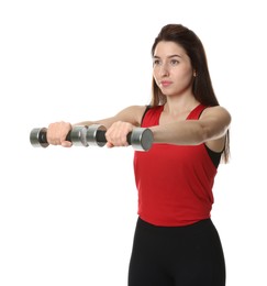 Photo of Woman in sportswear exercising with dumbbells on white background