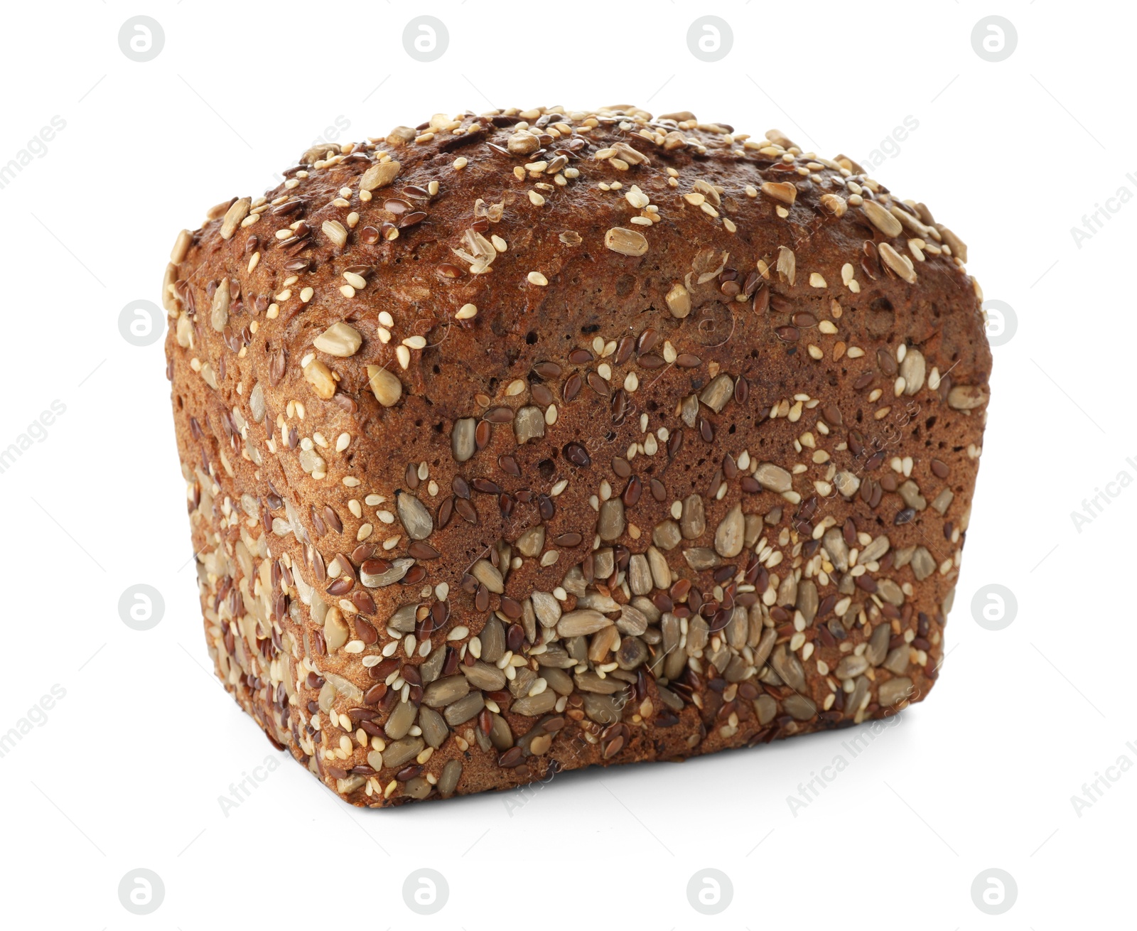 Photo of One freshly baked bread with seeds isolated on white