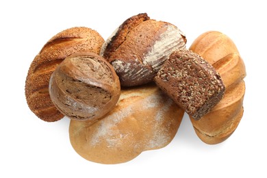 Different freshly baked bread loafs isolated on white, top view