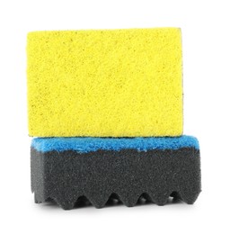 Photo of Two soft sponges isolated on white. Cleaning supply