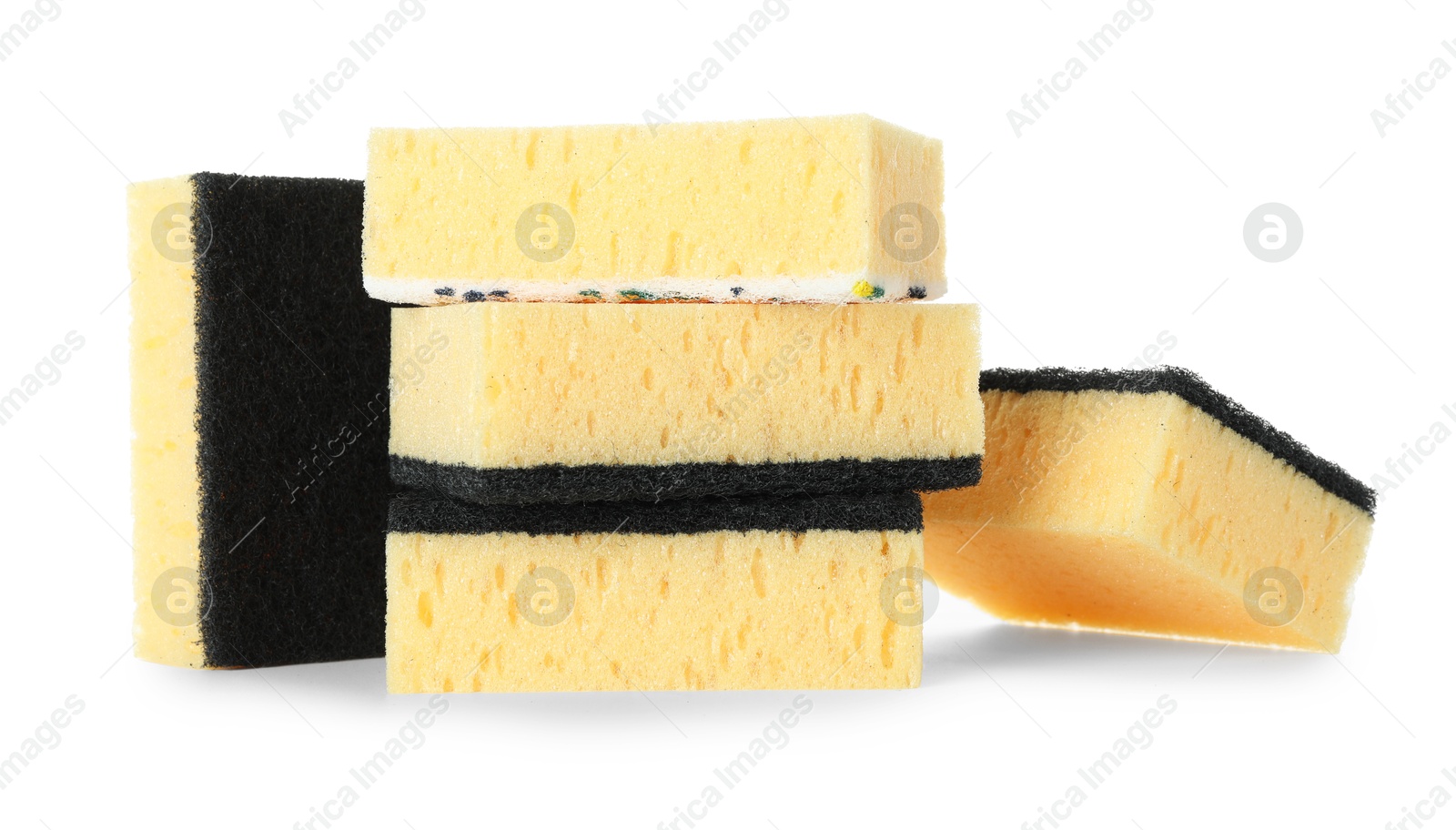 Photo of Yellow sponges isolated on white. Cleaning supply