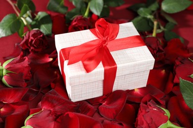 Beautiful gift box among rose flowers and petals on red background, closeup. Romantic present