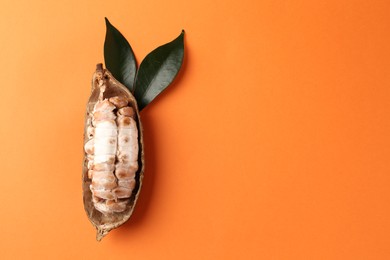 Cocoa pod with beans on orange background, top view. Space for text