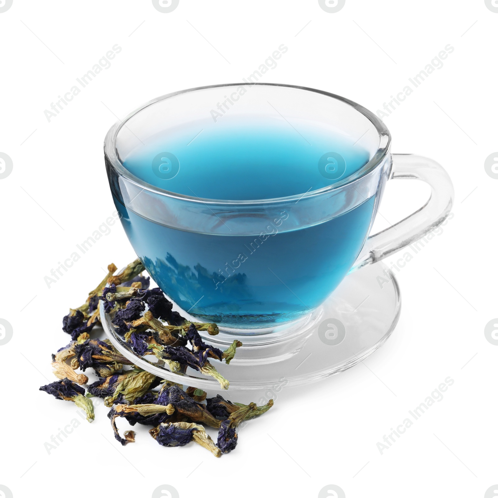Delicious butterfly pea flower tea isolated on white Photo of Delicious butterfly pea flower tea isolated on white