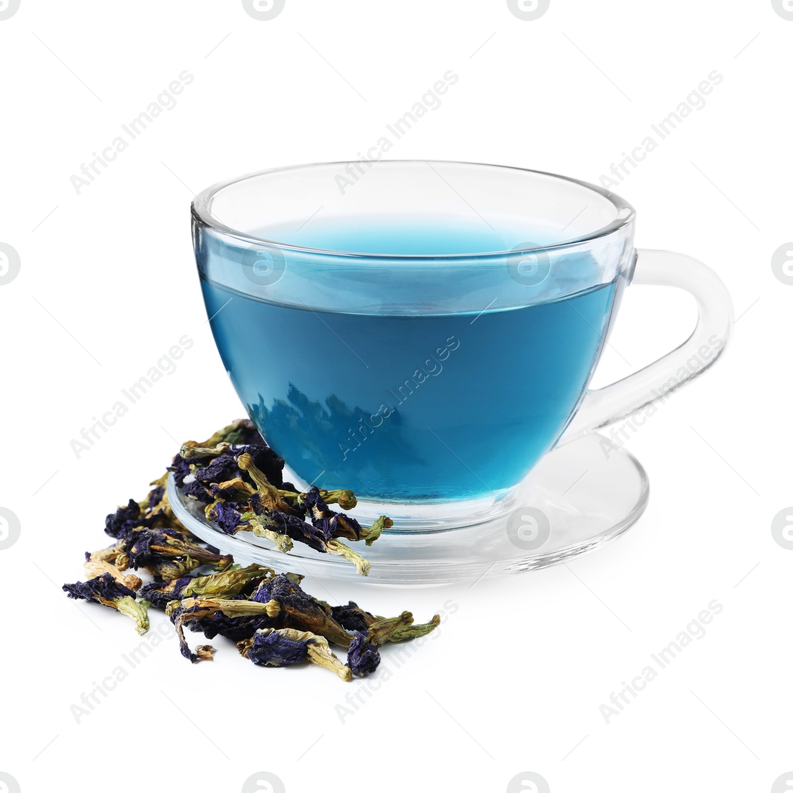 Delicious butterfly pea flower tea isolated on white Photo of Delicious butterfly pea flower tea isolated on white