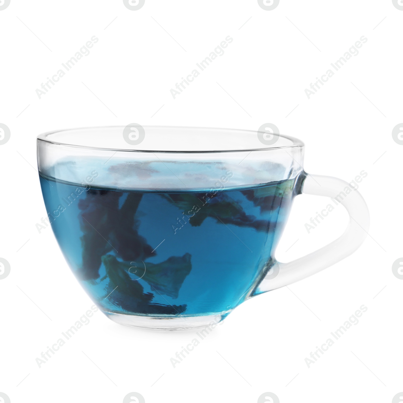 Delicious butterfly pea flower tea isolated on white Photo of Delicious butterfly pea flower tea isolated on white