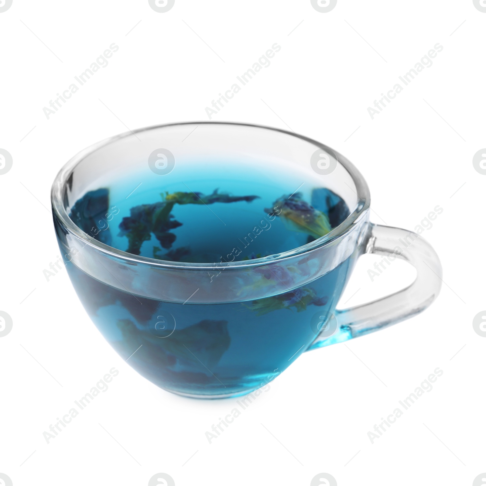 Delicious butterfly pea flower tea isolated on white Photo of Delicious butterfly pea flower tea isolated on white