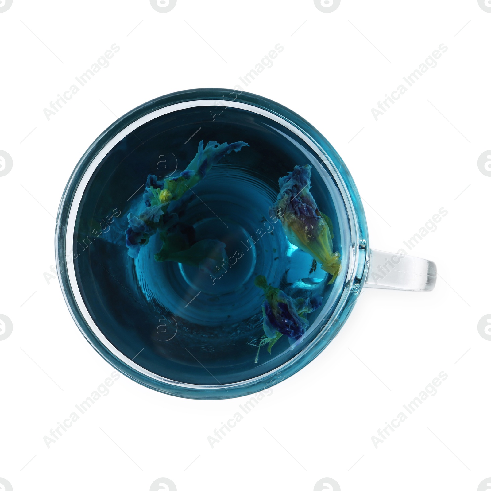 Delicious butterfly pea flower tea isolated on white, top view Photo of Delicious butterfly pea flower tea isolated on white, top view