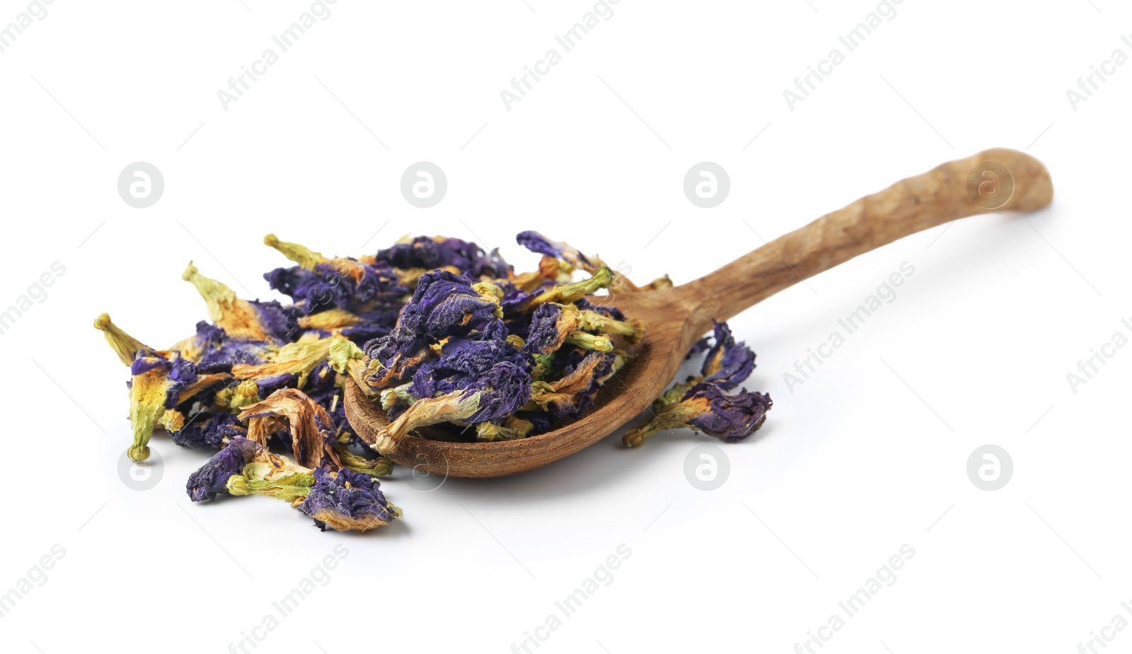 Photo of Spoon with butterfly pea flower tea isolated on white