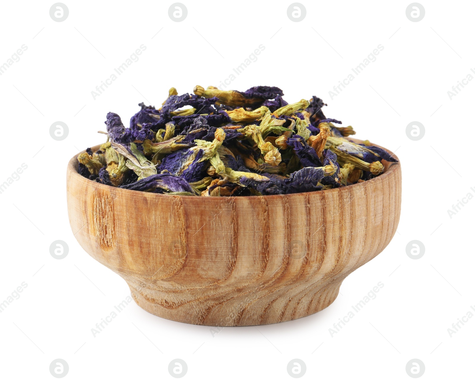 Butterfly pea flower tea in bowl isolated on white Photo of Butterfly pea flower tea in bowl isolated on white