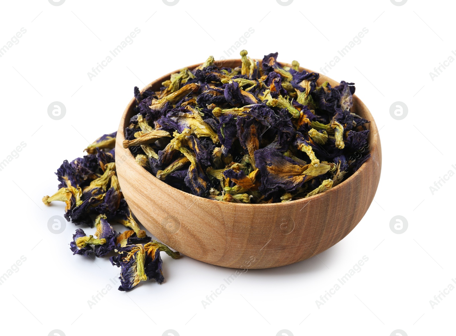 Butterfly pea flower tea in bowl isolated on white Photo of Butterfly pea flower tea in bowl isolated on white