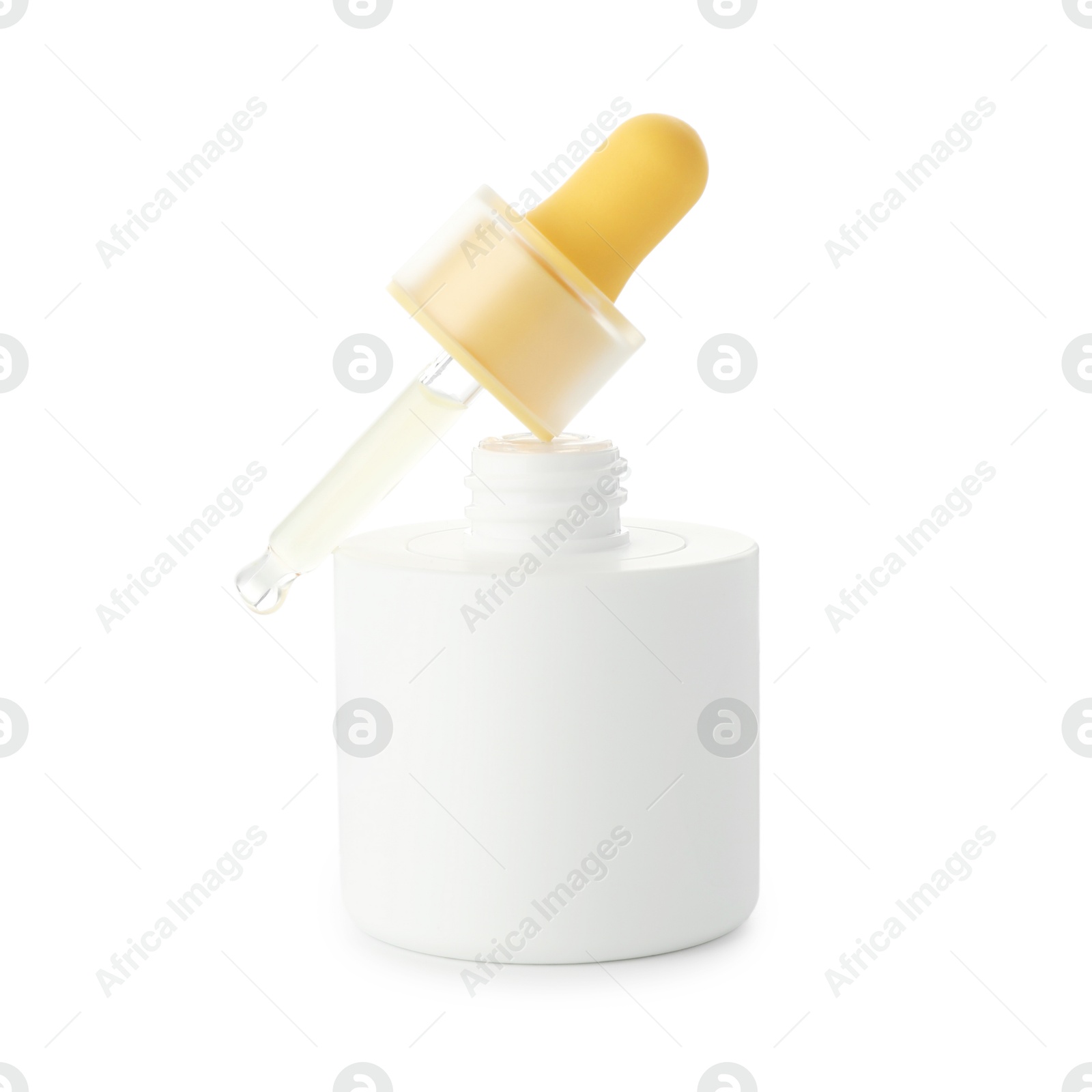 Photo of Bottle of cosmetic product with dropper isolated on white