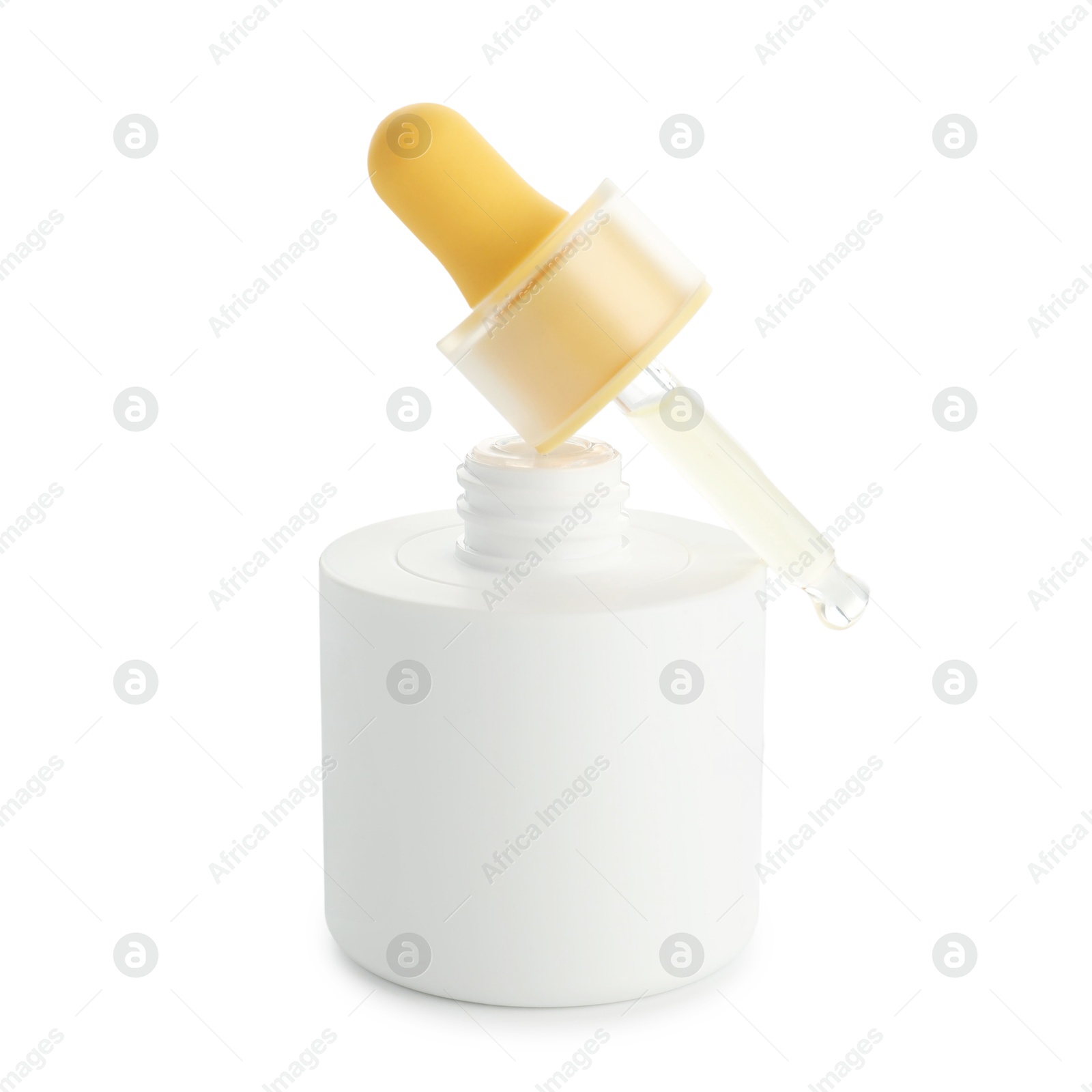 Photo of Bottle of cosmetic product with dropper isolated on white