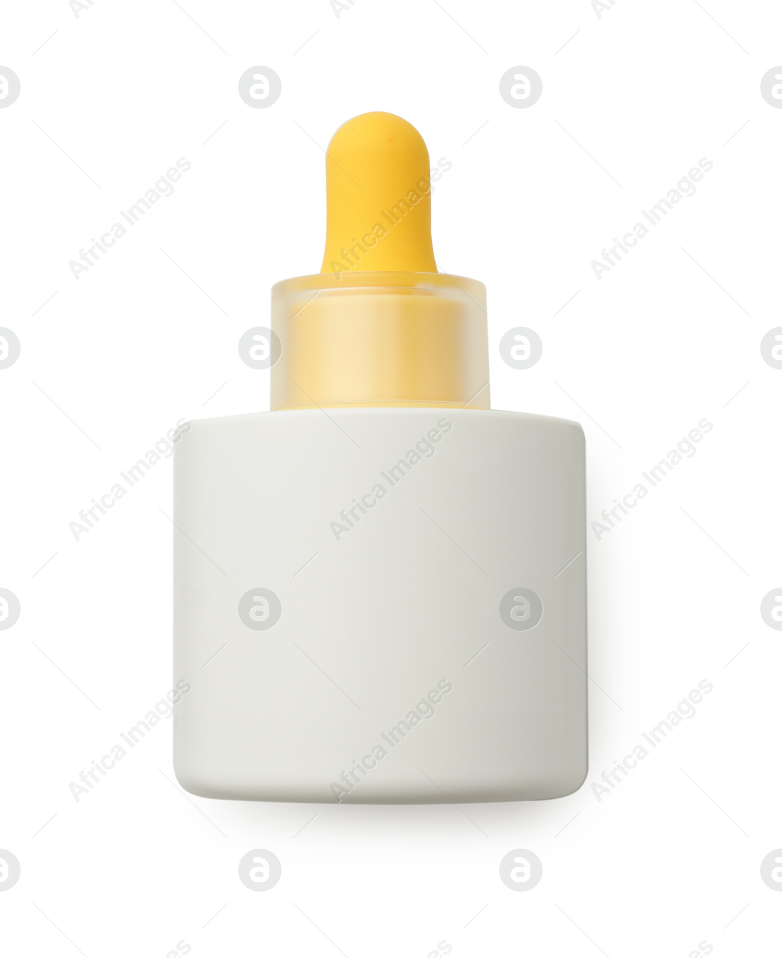 Photo of Bottle of cosmetic product isolated on white, top view