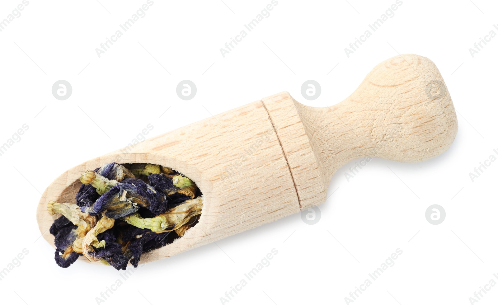 Photo of Butterfly pea flower tea. Dry Clitoria ternatea petals in scoop isolated on white, top view