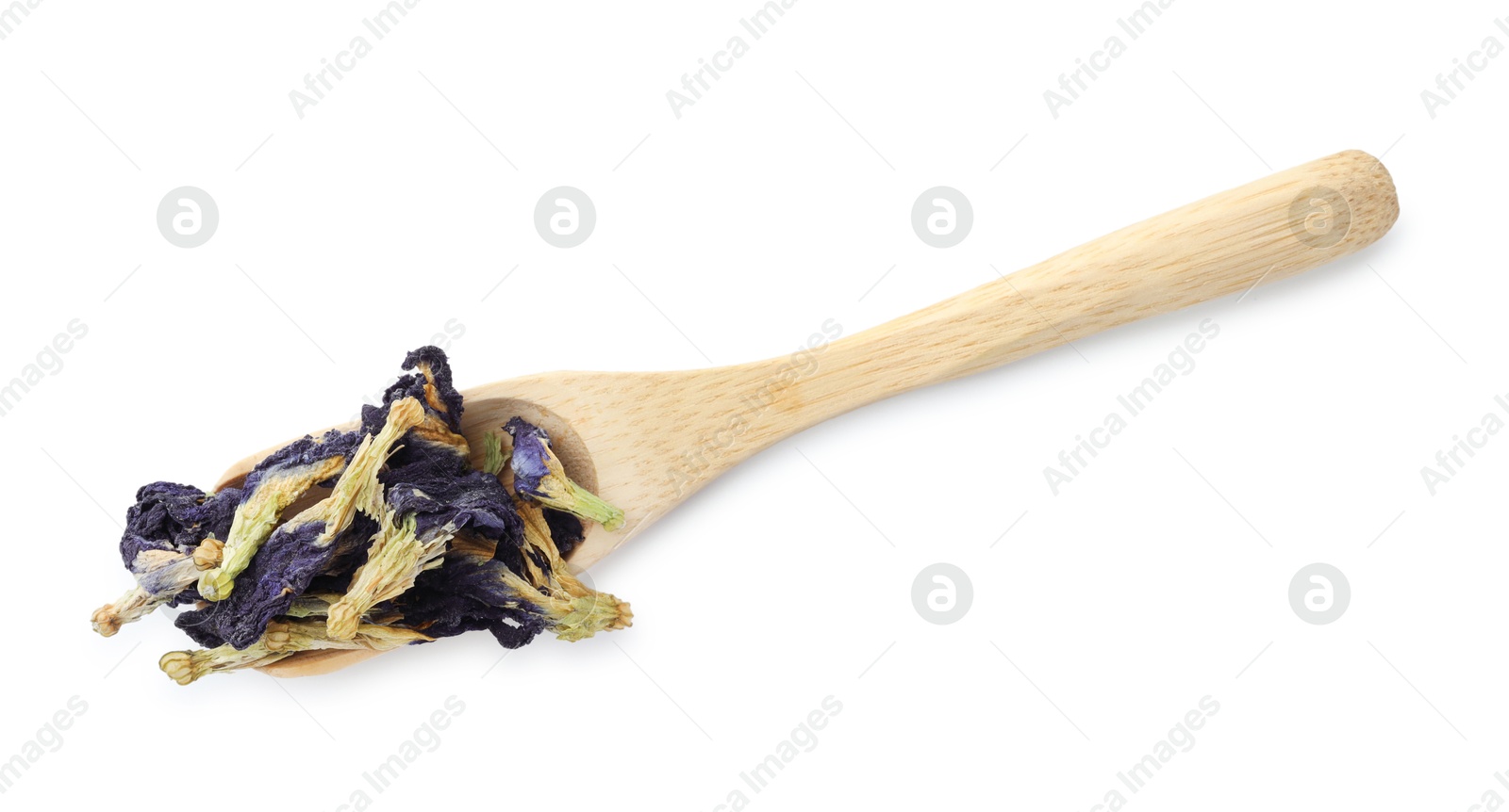 Photo of Butterfly pea flower tea. Dry Clitoria ternatea petals isolated on white, top view