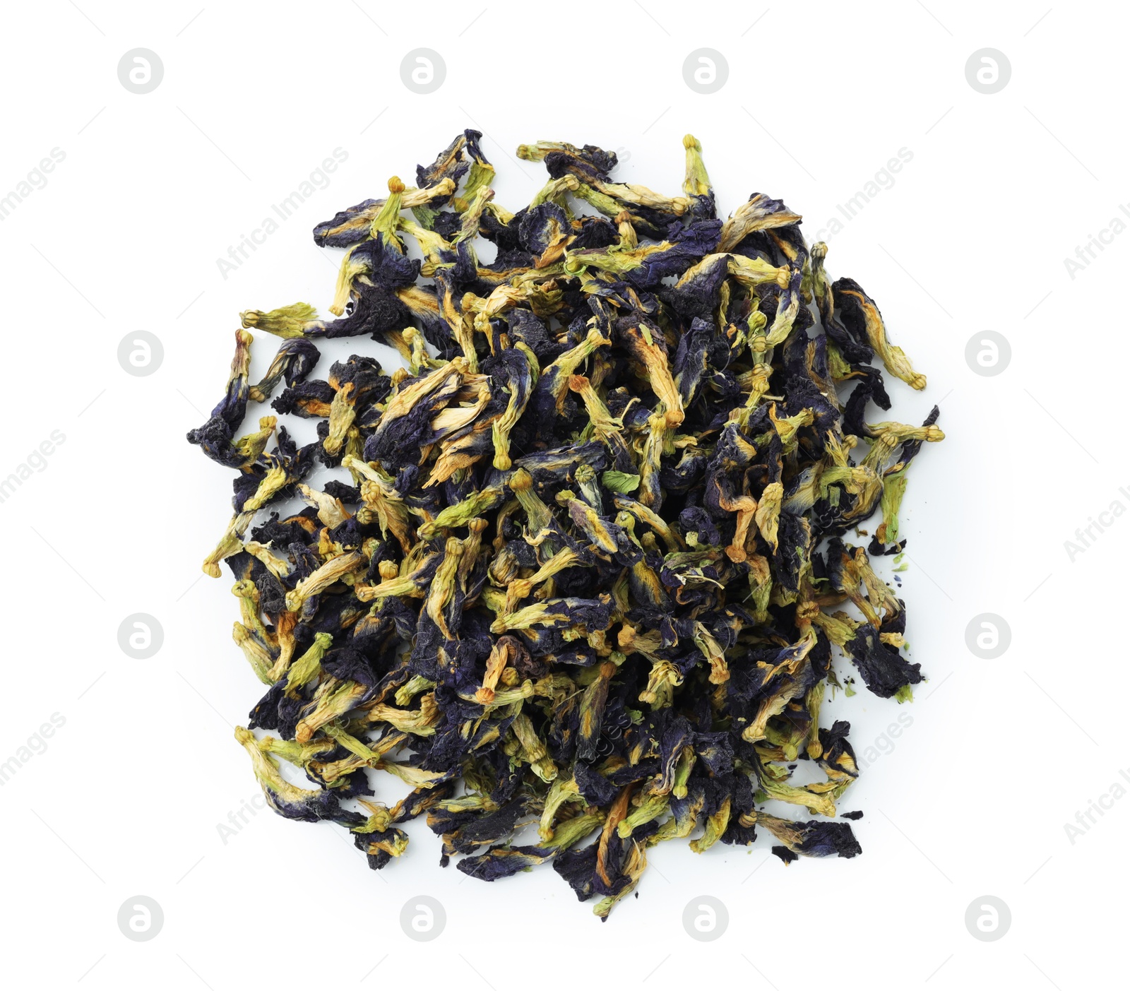 Photo of Butterfly pea flower tea. Pile of dry Clitoria ternatea petals isolated on white, top view